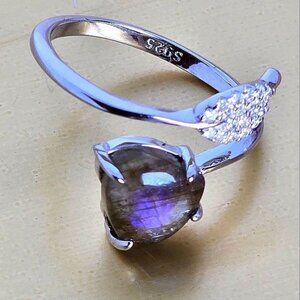 Natural Labradorite & CZ 925 Sterling Silver Ring Sz 6.5 (ADJUSTABLE)